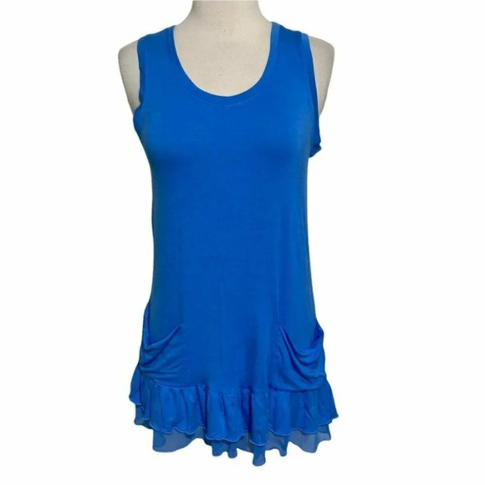 LOGO Lori Goldstein Tunic Tank Top XXS Blue Ruffle Hem Pockets‎ Sleeveless Boho